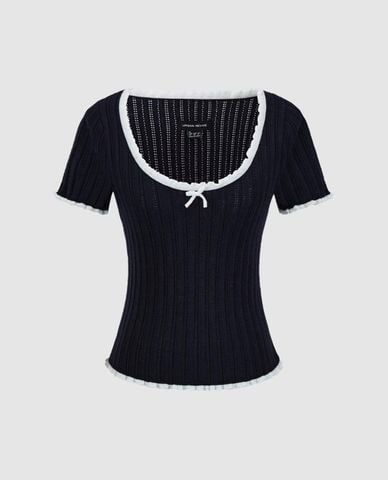  URBAN REVIVO - Áo dệt kim nữ cổ vuông tay ngắn phối viền 