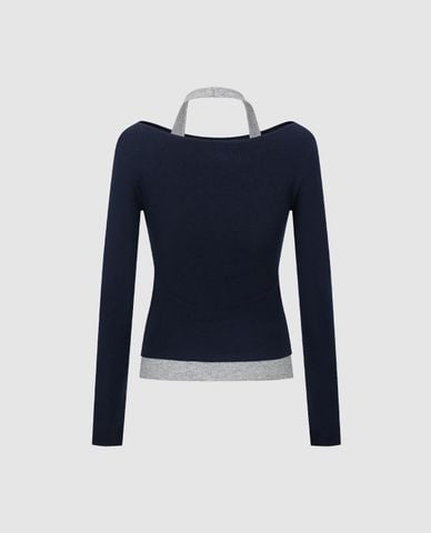  URBAN REVIVO - Áo dệt kim nữ cổ thuyền tay dài phối dây 
