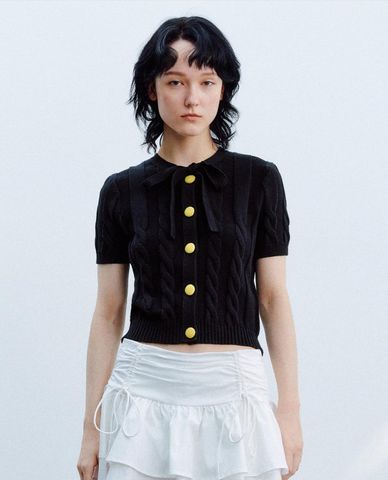  URBAN REVIVO - Áo dệt kim nữ cổ tròn tay ngắn thắt nơ 