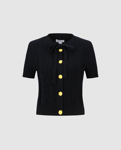  URBAN REVIVO - Áo dệt kim nữ cổ tròn tay ngắn thắt nơ 