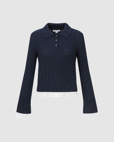  URBAN REVIVO - Áo dệt kim nữ cổ bẻ tay dài phối nút 