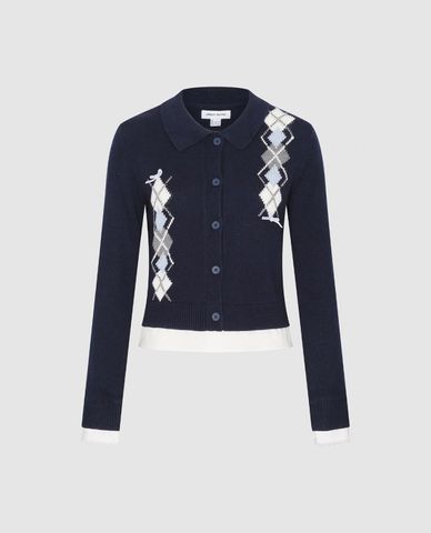  URBAN REVIVO - Áo dệt kim nữ cổ bẻ họa tiết caro 