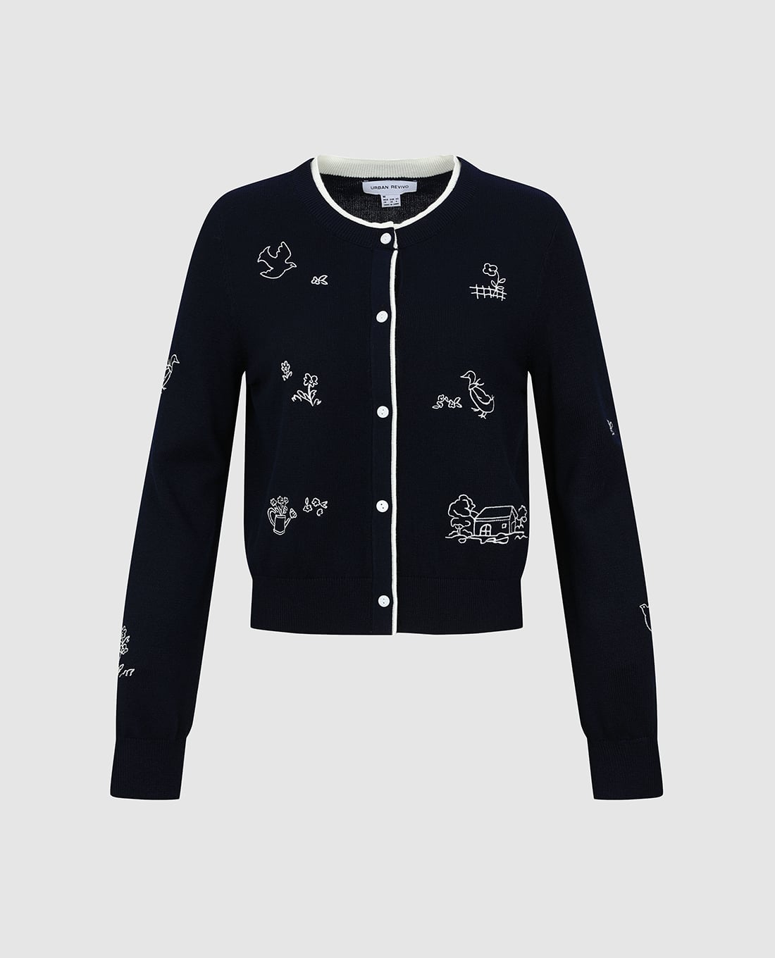 URBAN REVIVO - Áo khoác cardigan nữ cổ tròn thêu họa tiết