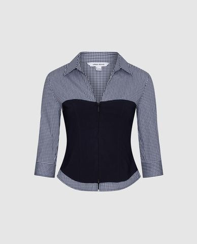  URBAN REVIVO - Áo kiểu nữ tay lỡ phối corset kẻ caro 
