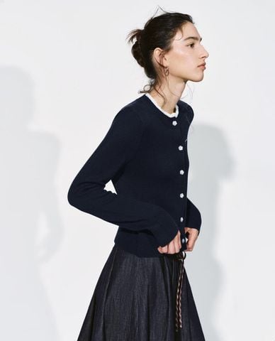  URBAN REVIVO - Áo khoác cardigan nữ cổ tròn phối bèo 