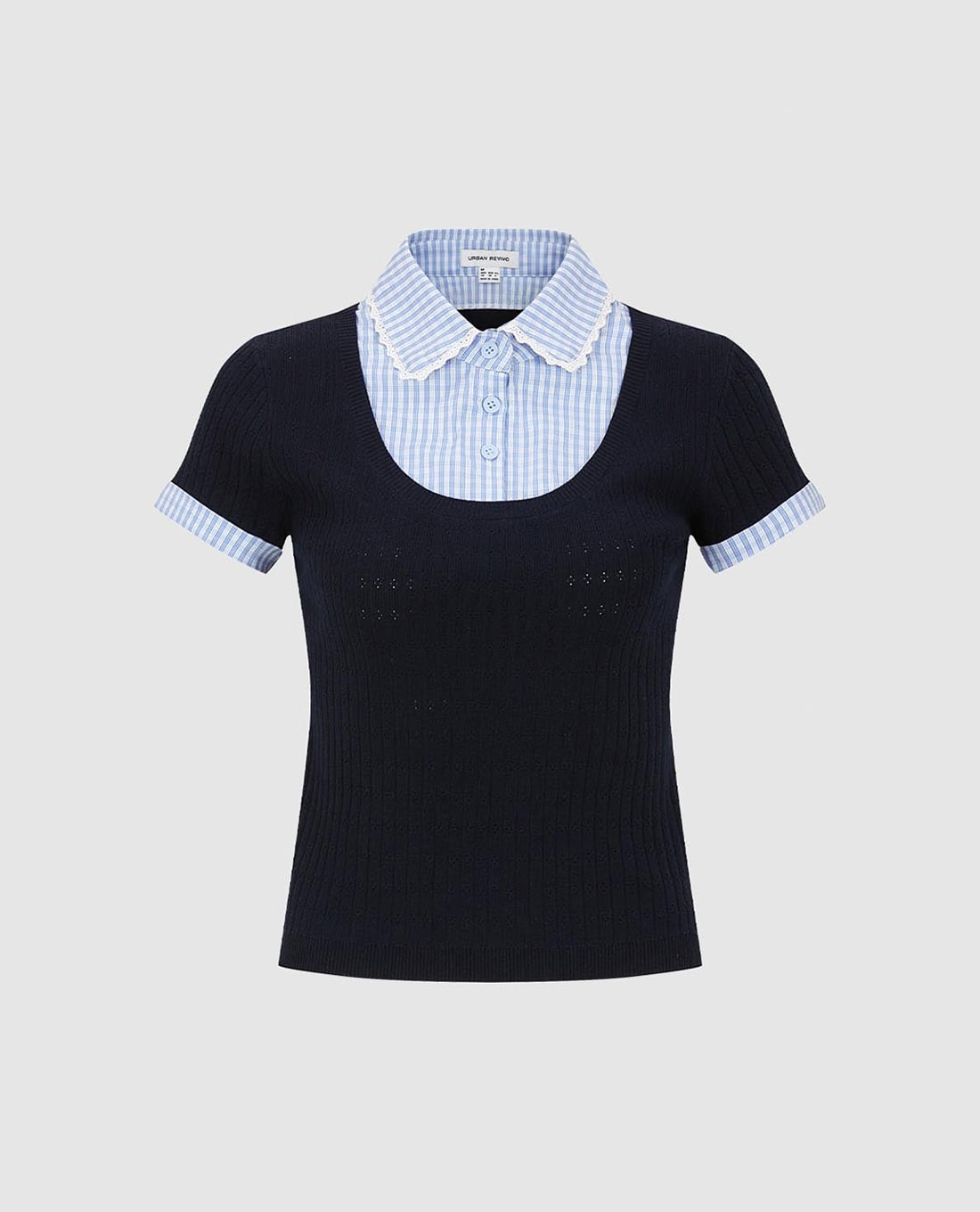 URBAN REVIVO - Áo dệt kim nữ cổ bẻ tay ngắn phối layer