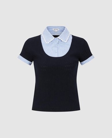  URBAN REVIVO - Áo dệt kim nữ cổ bẻ tay ngắn phối layer 