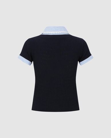  URBAN REVIVO - Áo dệt kim nữ cổ bẻ tay ngắn phối layer 