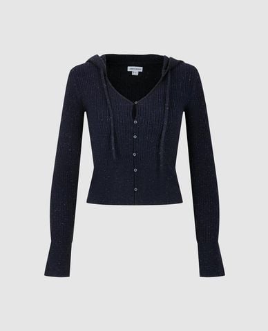  URBAN REVIVO - Áo khoác dệt kim nữ phối mũ cổ V 
