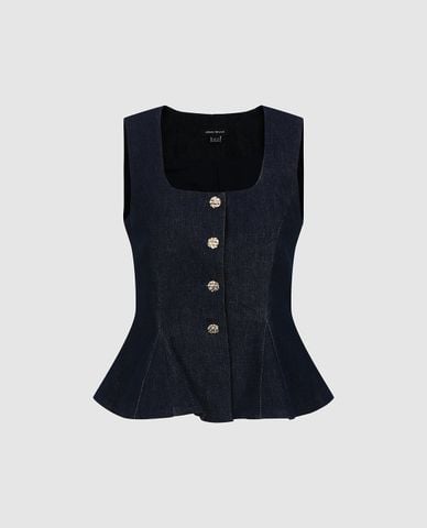  URBAN REVIVO - Áo sát nách nữ denim cổ vuông phối nút 