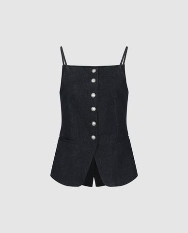  URBAN REVIVO - Áo hai dây nữ denim cổ vuông phối nút 