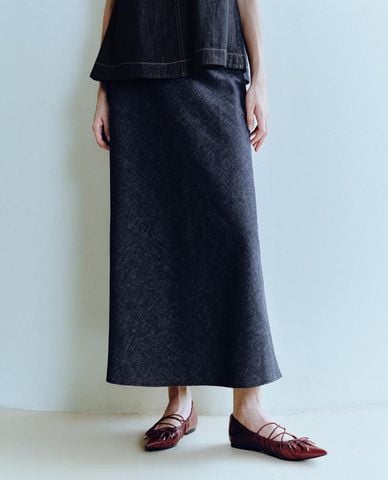  URBAN REVIVO - Chân váy denim midi phối viền ren 