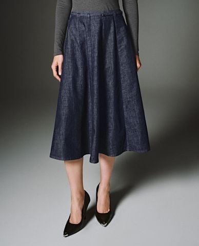  URBAN REVIVO - Chân váy denim midi phối thắt lưng 