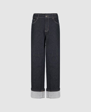  URBAN REVIVO - Quần jeans nữ ống rộng xắn gấu 