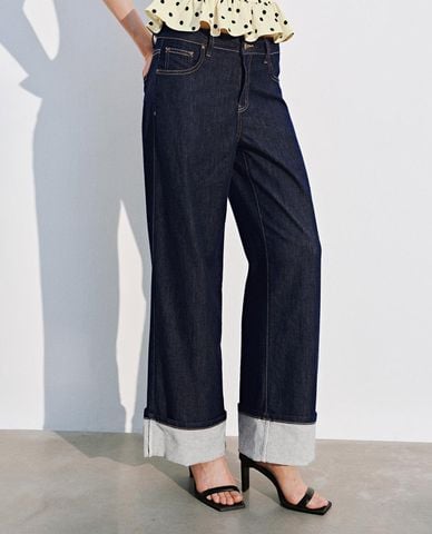  URBAN REVIVO - Quần jeans nữ ống rộng xắn gấu 