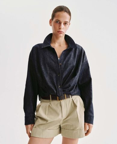  URBAN REVIVO - Áo sơ mi denim nữ cổ bẻ tay dài xoắn eo 