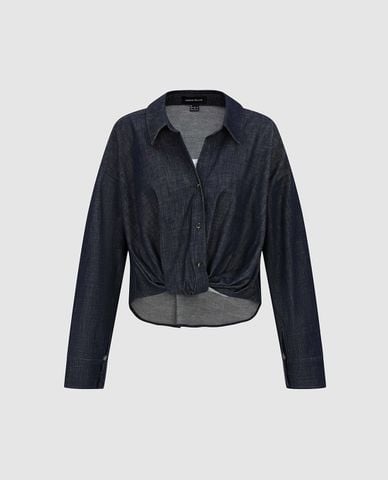  URBAN REVIVO - Áo sơ mi denim nữ cổ bẻ tay dài xoắn eo 