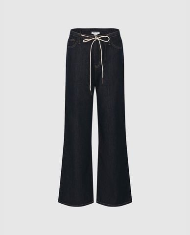  URBAN REVIVO - Quần jeans nữ ống rộng lưng thun phối dây rút 