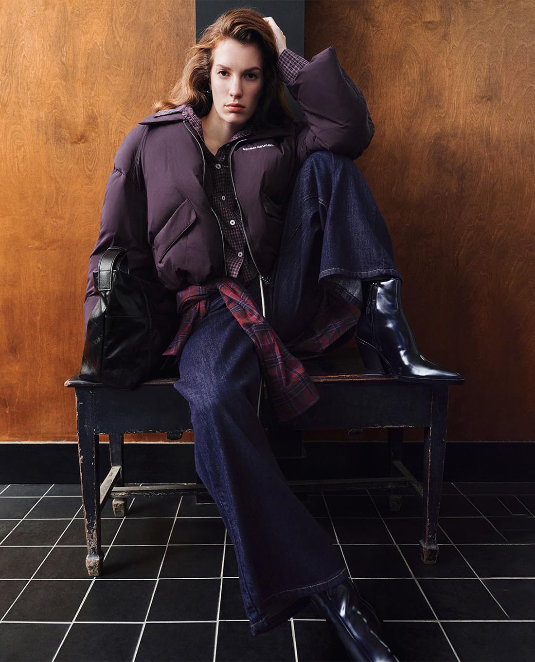 URBAN REVIVO - Quần jeans nữ ống rộng lưng thun phối dây rút