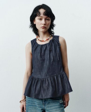  URBAN REVIVO - Áo sát nách nữ denim dáng xòe 