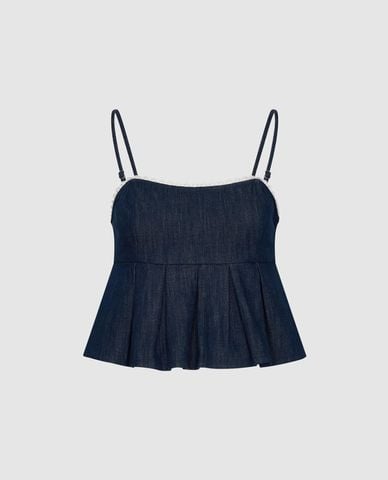  URBAN REVIVO - Áo hai dây nữ denim phối ren 