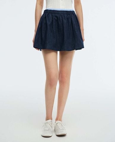 URBAN REVIVO - Chân váy denim mini lưng thun xếp nhún 