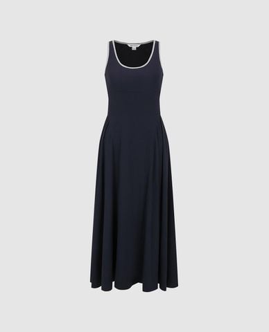  URBAN REVIVO - Đầm sát nách maxi phối viền dáng xòe 