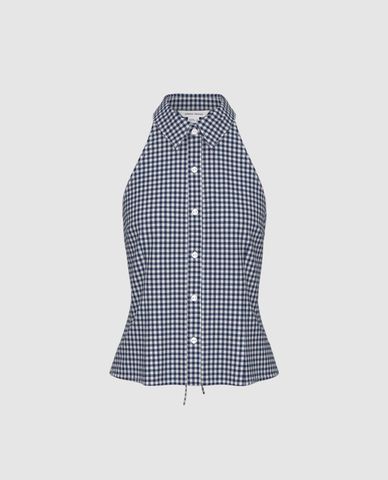  URBAN REVIVO - Áo kiểu nữ cổ yếm phối sọc caro 