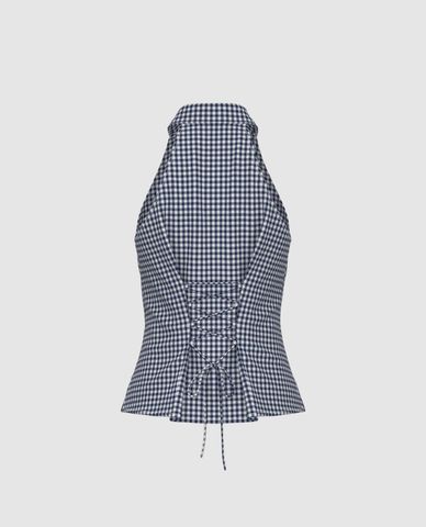  URBAN REVIVO - Áo kiểu nữ cổ yếm phối sọc caro 