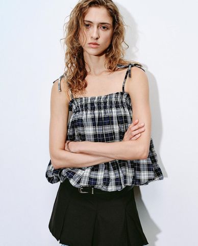  URBAN REVIVO - Áo hai dây nữ phối caro dáng xoè 