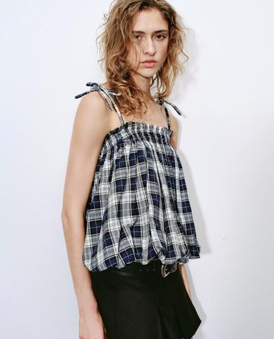  URBAN REVIVO - Áo hai dây nữ phối caro dáng xoè 