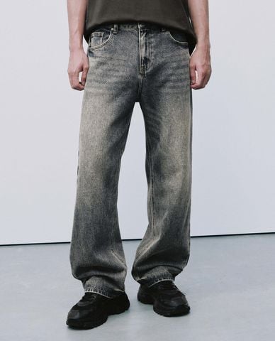  URBAN REVIVO - Quần jeans nam ống rộng wash bạc 