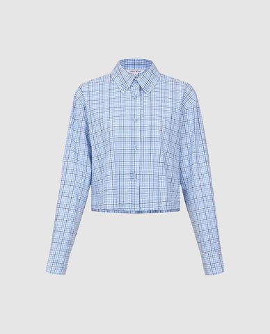  URBAN REVIVO - Áo sơ mi nữ croptop tay dài kẻ caro 