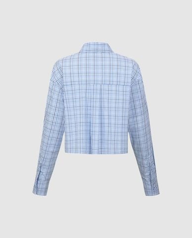  URBAN REVIVO - Áo sơ mi nữ croptop tay dài kẻ caro 
