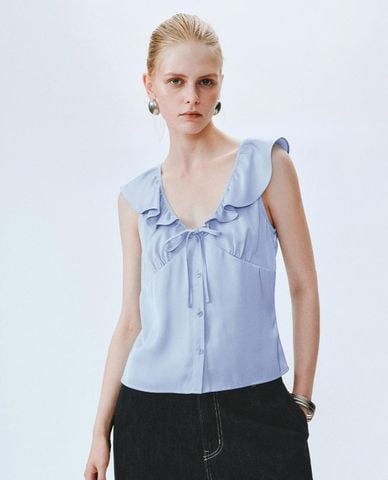  URBAN REVIVO - Áo sát nách nữ cổ V phối bèo buộc nơ 