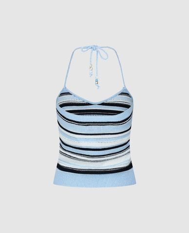  URBAN REVIVO - Áo dệt kim nữ cổ yếm kẻ sọc 