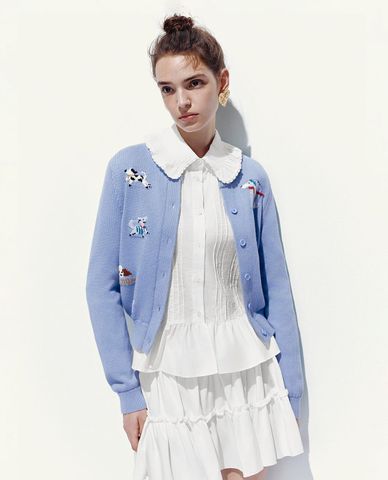  URBAN REVIVO - Áo khoác cardigan nữ tay dài phối hoạ tiết 