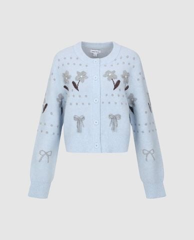  URBAN REVIVO - Áo khoác cardigan nữ cổ tròn phối họa tiết 