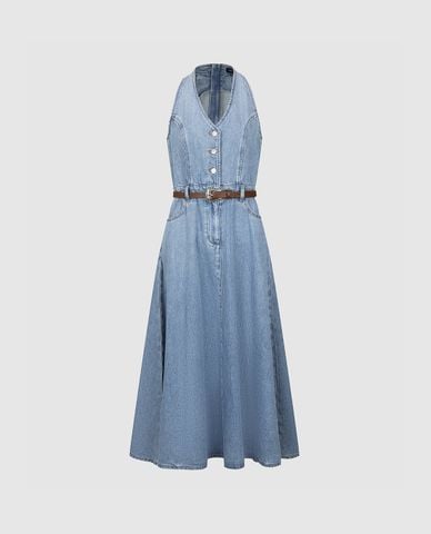  URBAN REVIVO - Đầm denim midi cổ V sát nách phối thắt lưng 