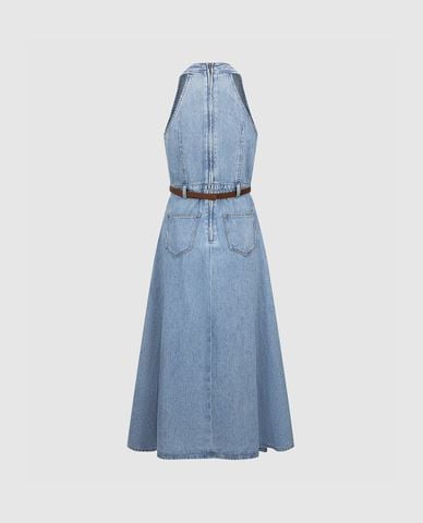  URBAN REVIVO - Đầm denim midi cổ V sát nách phối thắt lưng 