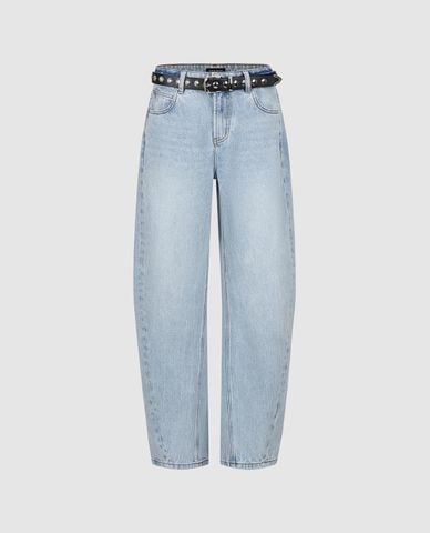  URBAN REVIVO - Quần jeans nữ ống rộng phối thắt lưng 