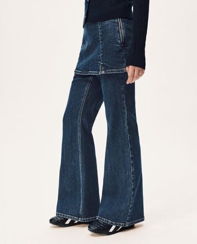  URBAN REVIVO - Quần jeans nữ ống loe phối chân váy 