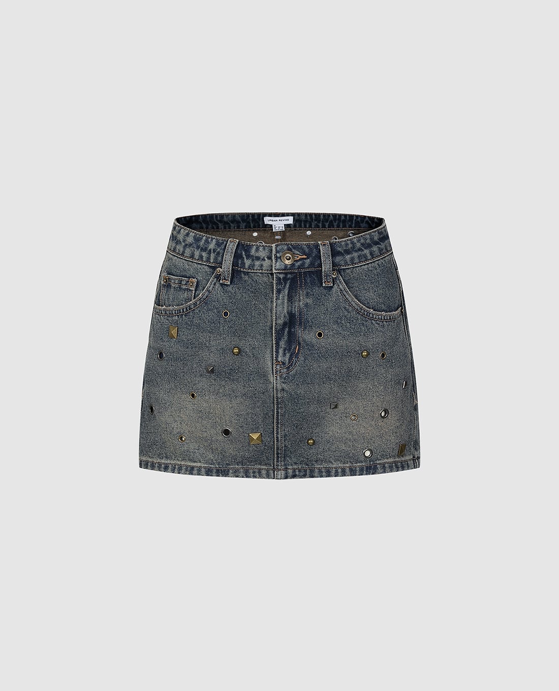 URBAN REVIVO - Chân váy denim mini đính đinh tán
