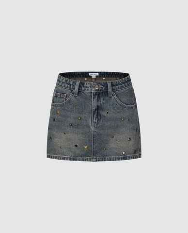  URBAN REVIVO - Chân váy denim mini đính đinh tán 