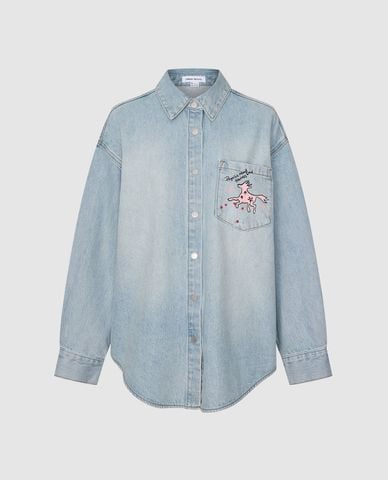  URBAN REVIVO - Áo sơ mi denim nữ cổ bẻ tay dài in họa tiết 
