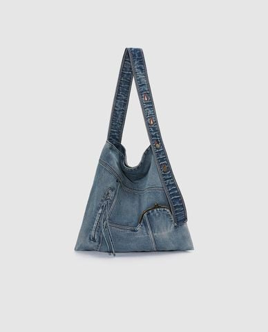  URBAN REVIVO - Túi đeo vai nữ denim bất đối xứng 