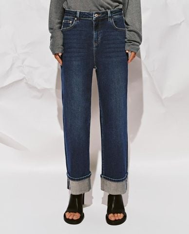  URBAN REVIVO - Quần jeans nữ ống đứng xắn gấu 