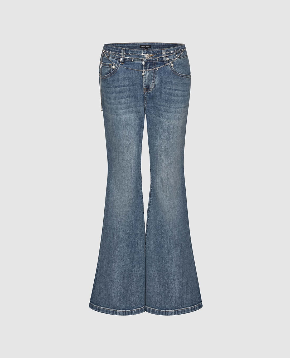 URBAN REVIVO - Quần jeans nữ ống loe phối dây xích