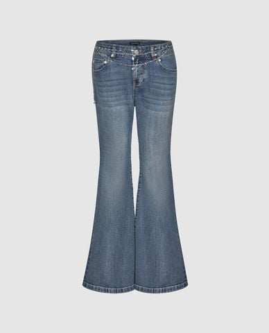  URBAN REVIVO - Quần jeans nữ ống loe phối dây xích 