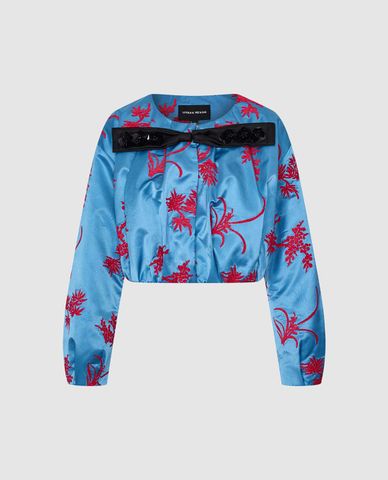  URBAN REVIVO - Áo khoác croptop nữ cổ tròn thêu họa tiết 